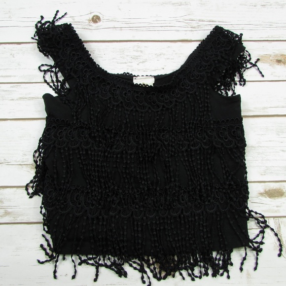 Vintage Tops - Black Fringe Crop Tank Top BOHO Festival